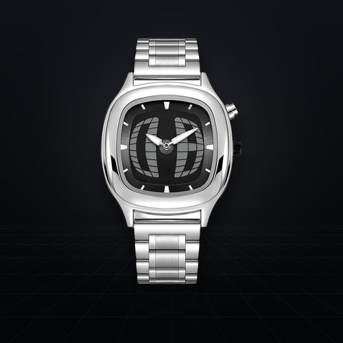 TIMELOOM 01 Cushion with a black 3D grid dial, front view: polished case and link bracelet