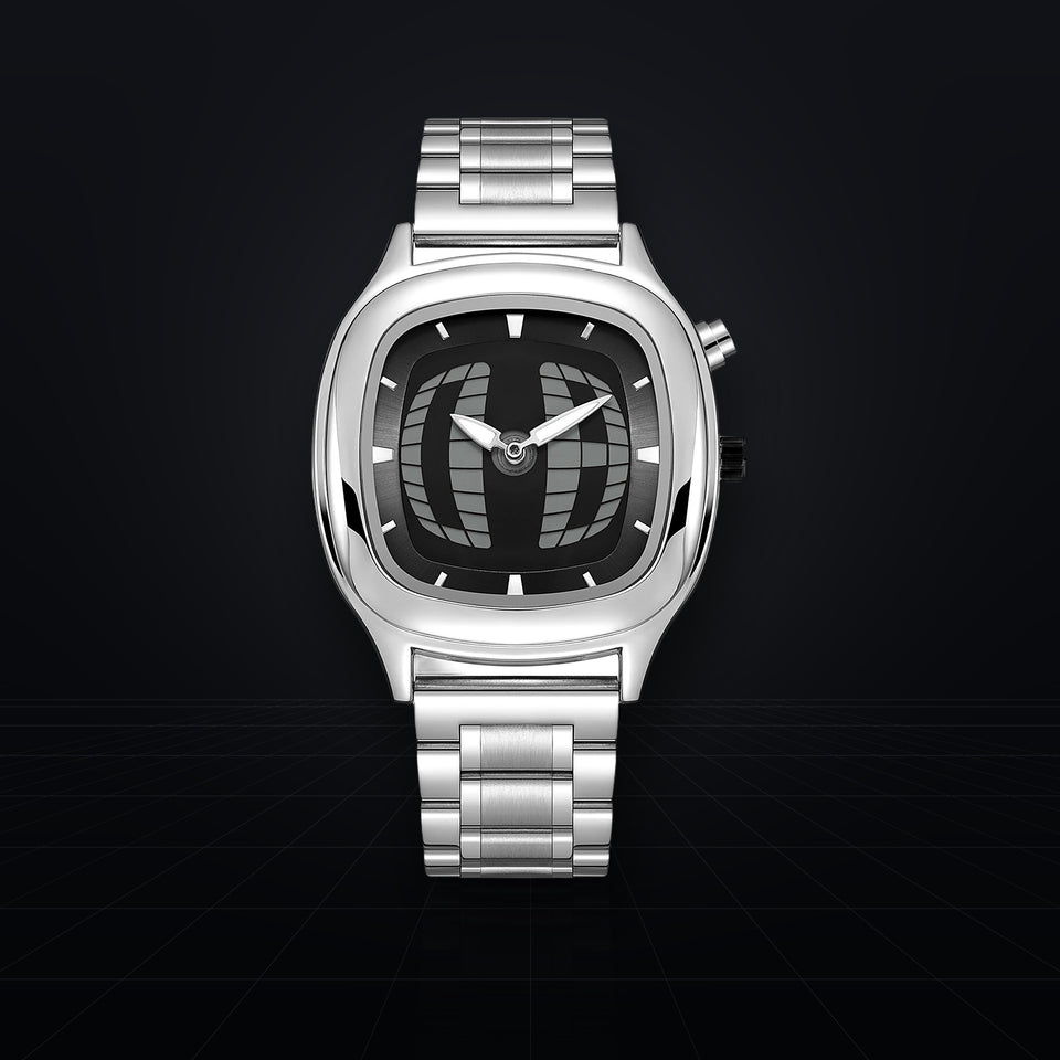 TIMELOOM 01 Coussin, cadran noir à grille 3D, vue de face : boîtier poli et bracelet à maillons