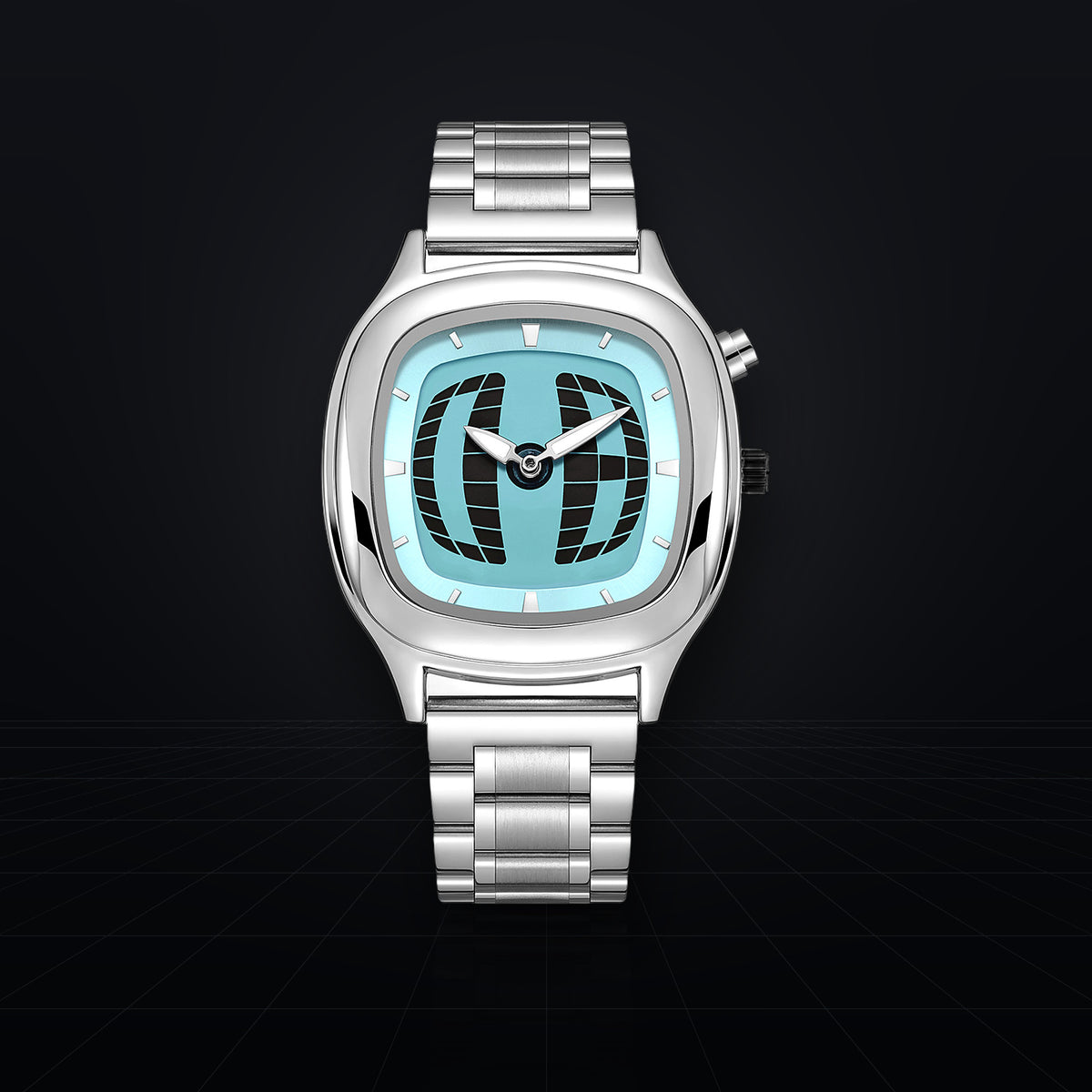 TIMELOOM 01 Cushion with an ice blue 3D grid dial, front view