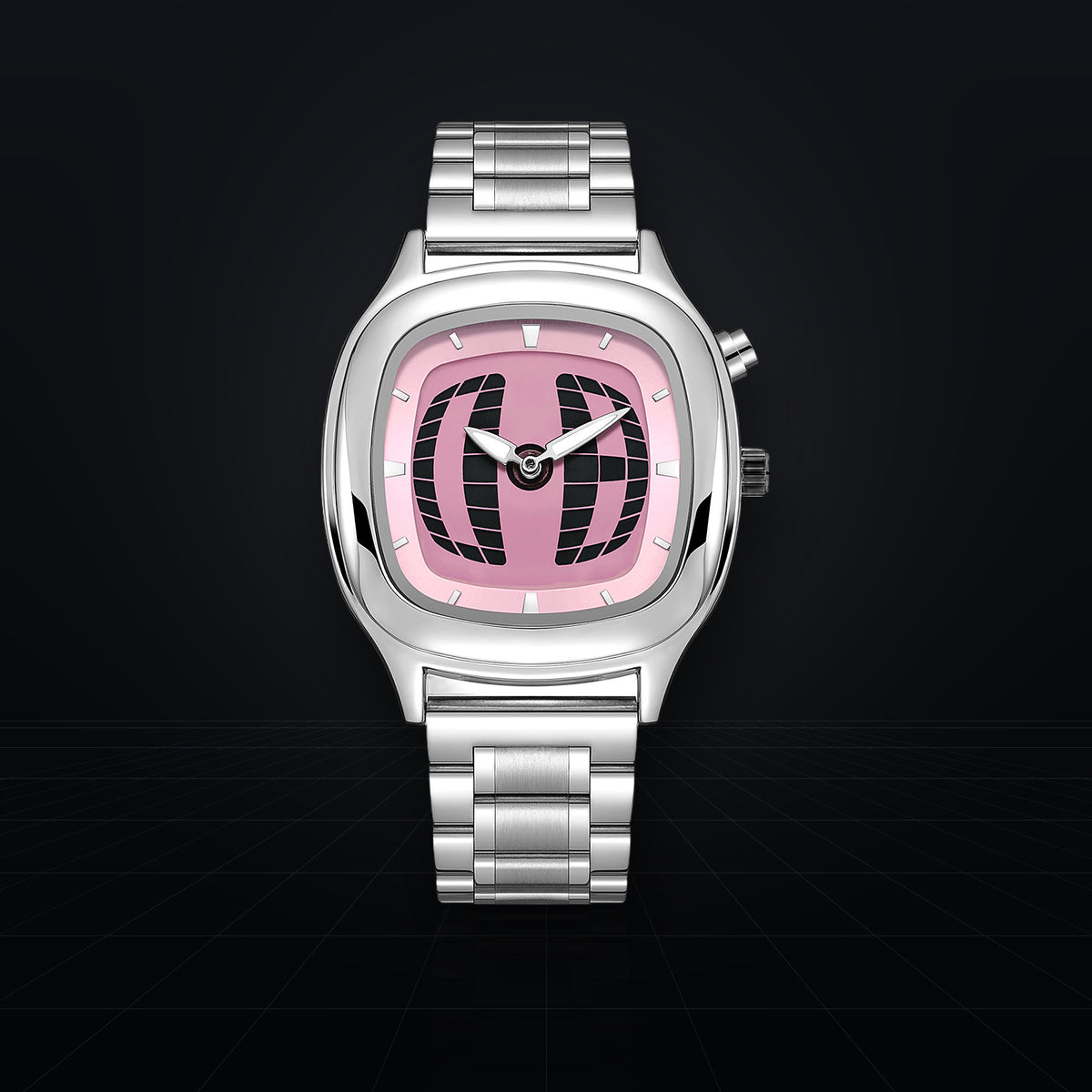 TIMELOOM 01 Cushion with a pink 3D grid dial, front view