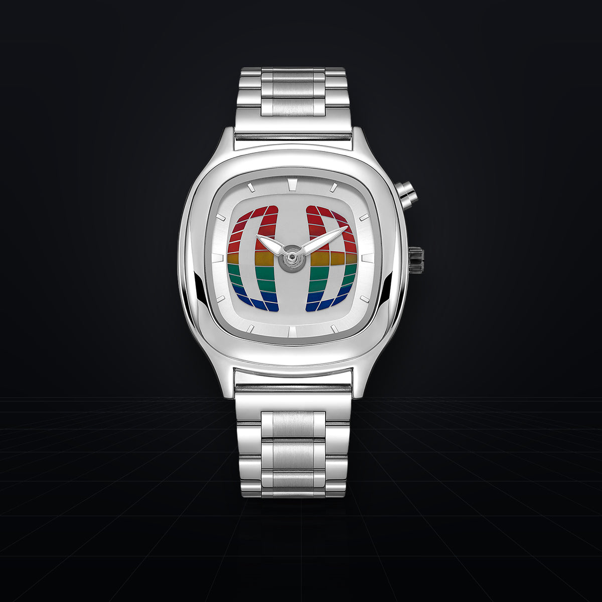 TIMELOOM 01 Cushion with a white dial and rainbow 3D grid, front view