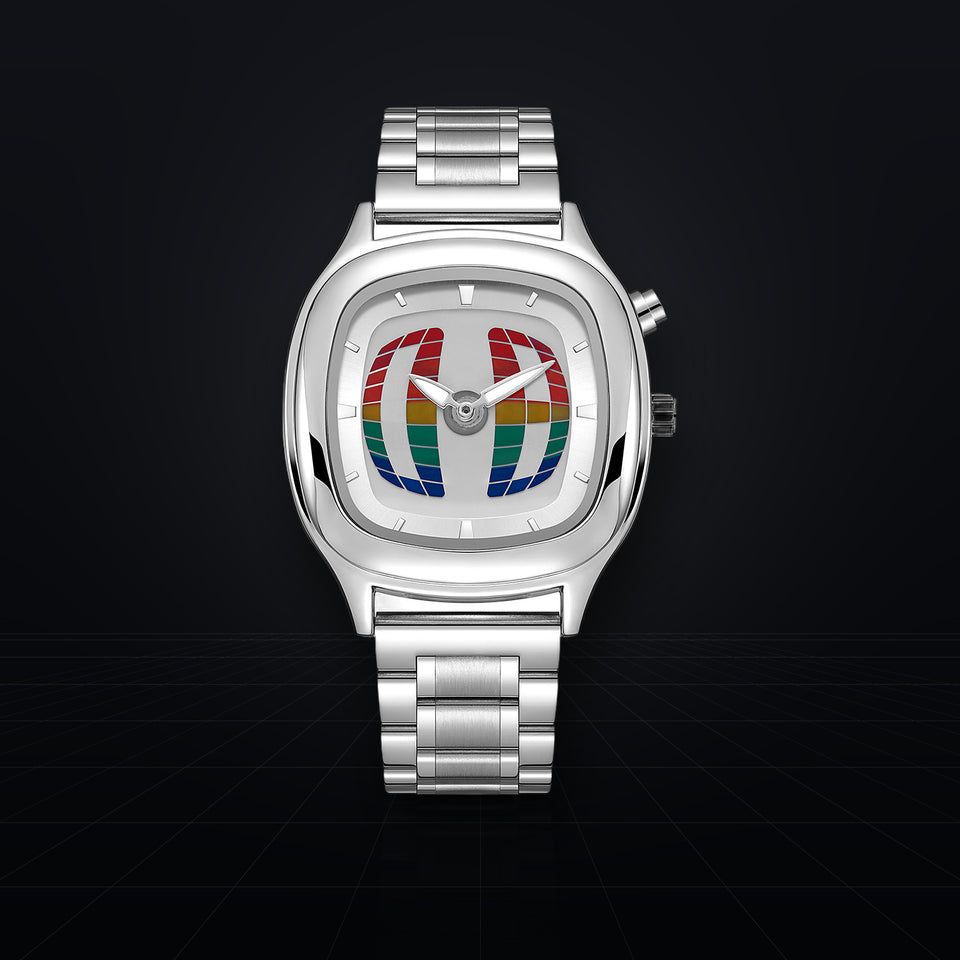 TIMELOOM 01 Coussin, cadran blanc à grille 3D arc-en-ciel, vue de face