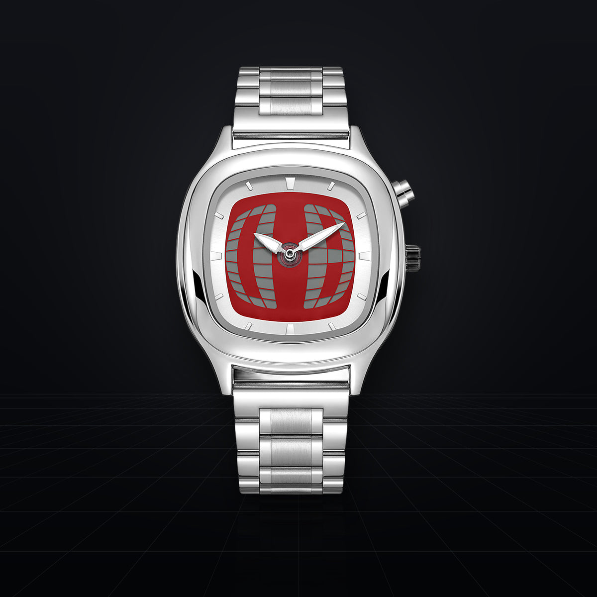 TIMELOOM 01 Cushion with a red 3D grid dial, front view