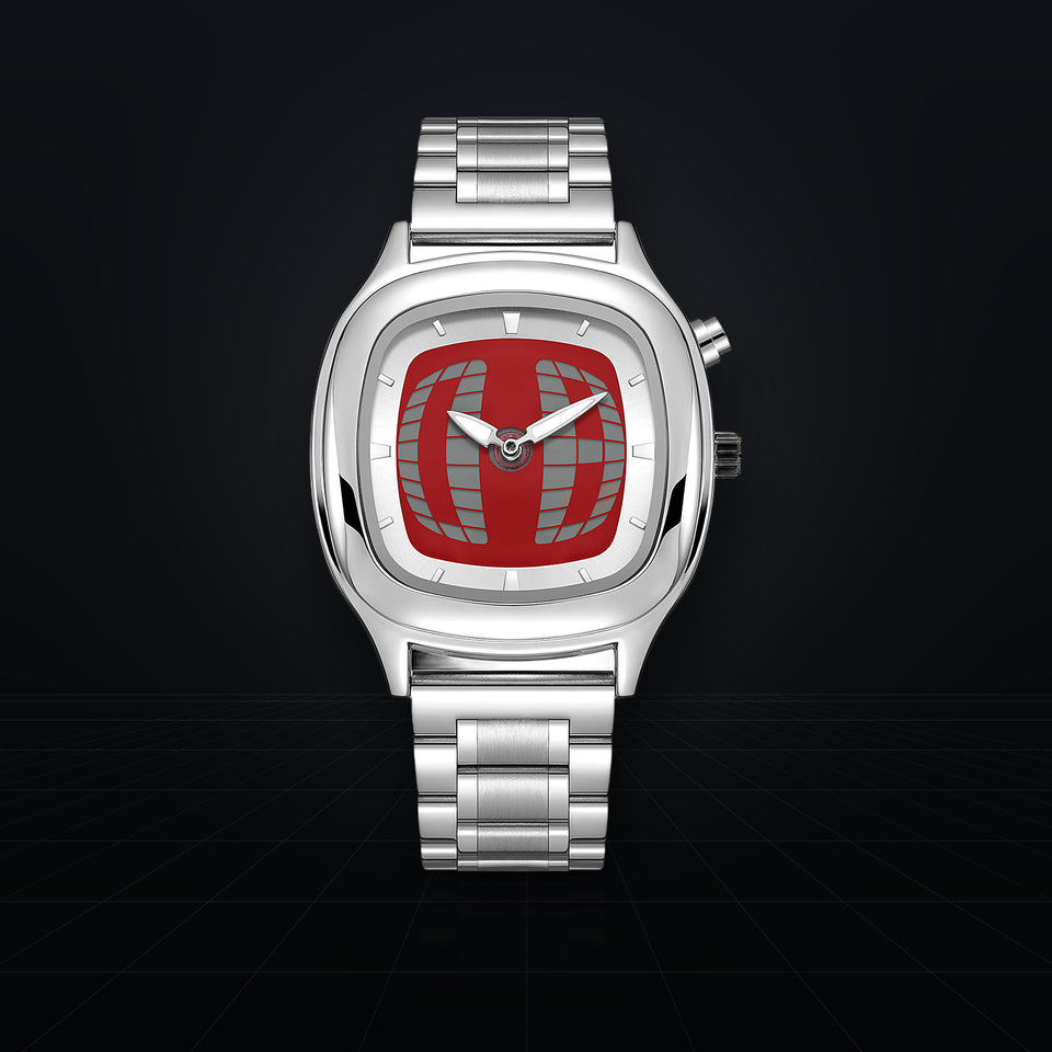 TIMELOOM 01 Coussin, cadran rouge à grille 3D, vue de face