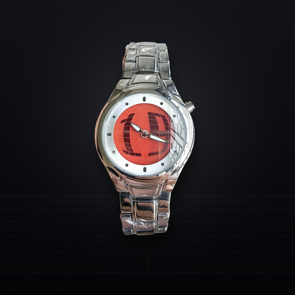 TIMELOOM 02 Round, red dial, seen at an angle: sculpted lugs and wide-link bracelet