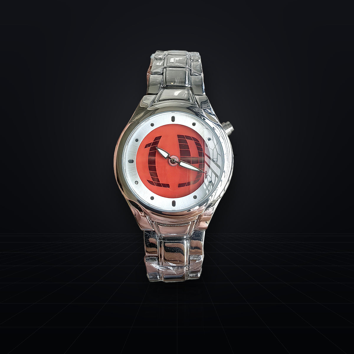 TIMELOOM 02 Round, red dial, seen at an angle: sculpted lugs and wide-link bracelet