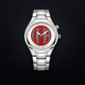 TIMELOOM 02 Round with a red 3D grid dial, front view: polished case, light chapter ring and link bracelet