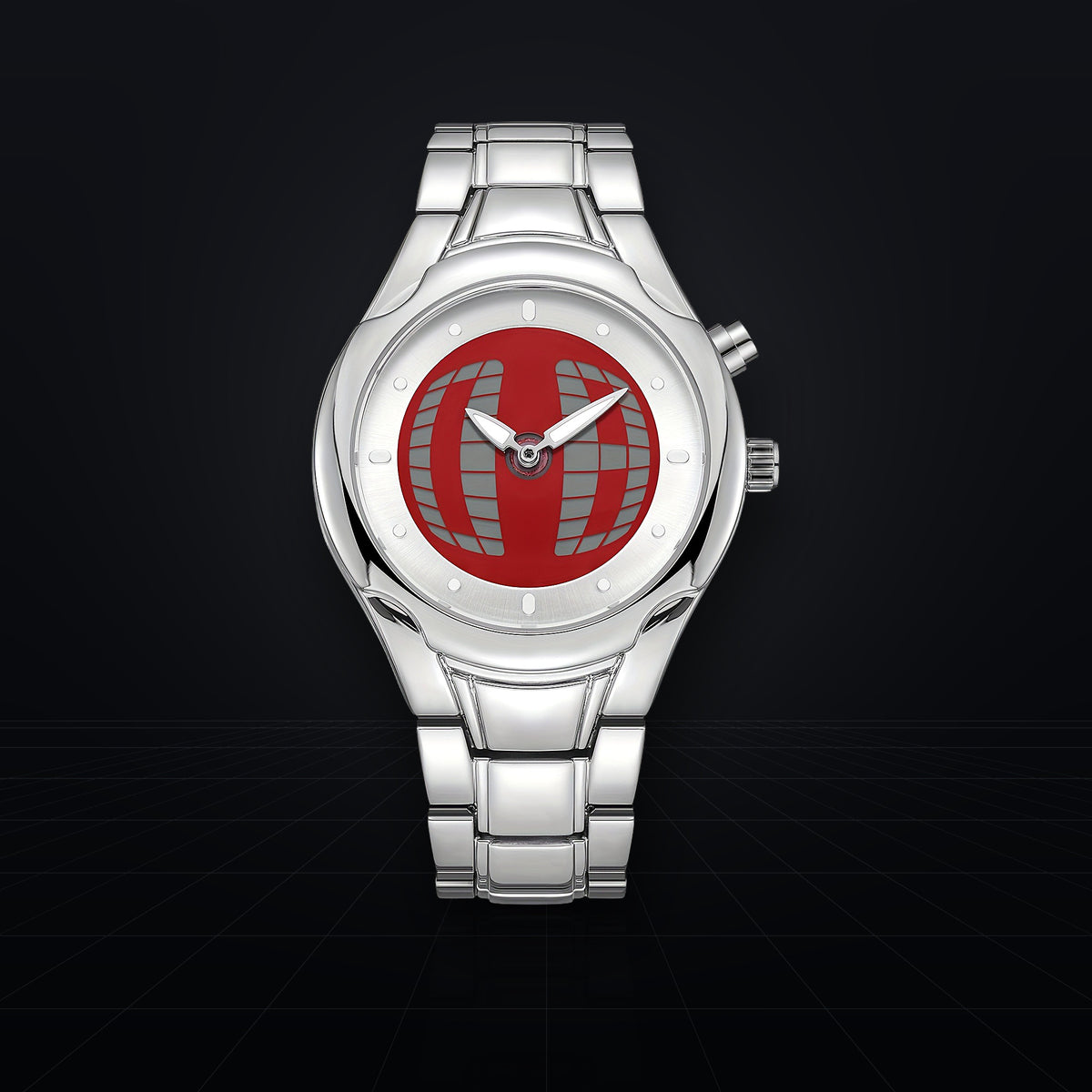 TIMELOOM 02 Round with a red 3D grid dial, front view: polished case, light chapter ring and link bracelet