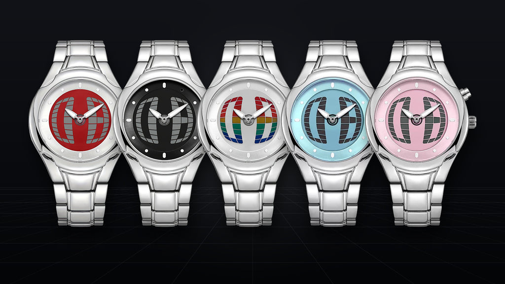 The five TIMELOOM 02 Round dials side by side: red, black, rainbow, ice blue and pink