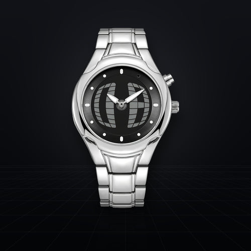 TIMELOOM 02 Round with a black 3D grid dial, front view
